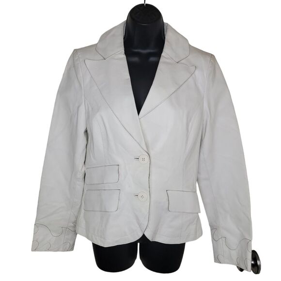 Black Rivet white leather moto jacket w/flames Size Medium - Picture 1 of 8